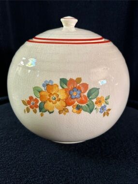 Cronin Pottery Cream Ceramic Cookie Jar with Orange Floral Design